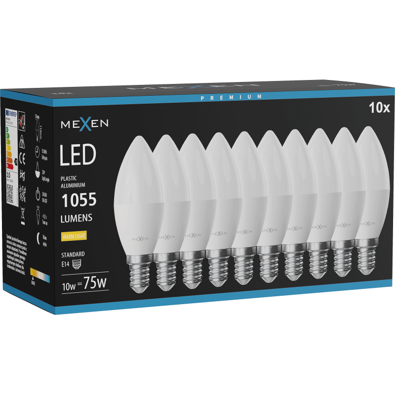 Mexen Nova 10x LED-Glühbirne E14, C37, 10W, Warm - 3000K, 1055 lm - L102-E14-1030-01x10