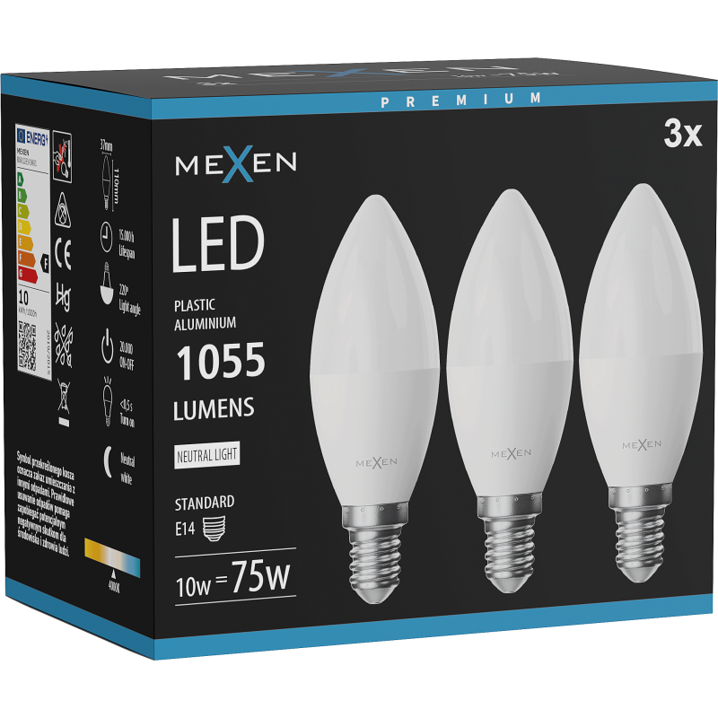 Mexen Nova 3x LED-Glühbirne E14, C37, 10W, Neutral - 4000K, 1055 lm - L102-E14-1040-01x03