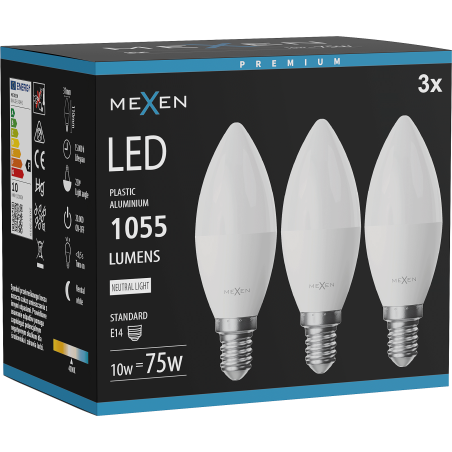 Mexen Nova 3x LED-Glühbirne E14, C37, 10W, Neutral - 4000K, 1055 lm - L102-E14-1040-01x03