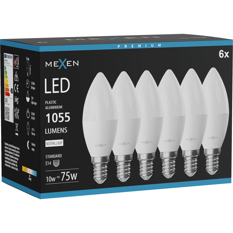 Mexen Nova 6x LED-Glühbirne E14, C37, 10W, Neutral - 4000K, 1055 lm - L102-E14-1040-01x06