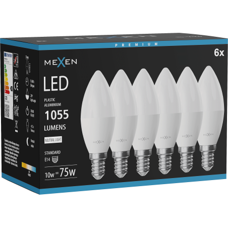 Mexen Nova 6x LED-Glühbirne E14, C37, 10W, Neutral - 4000K, 1055 lm - L102-E14-1040-01x06
