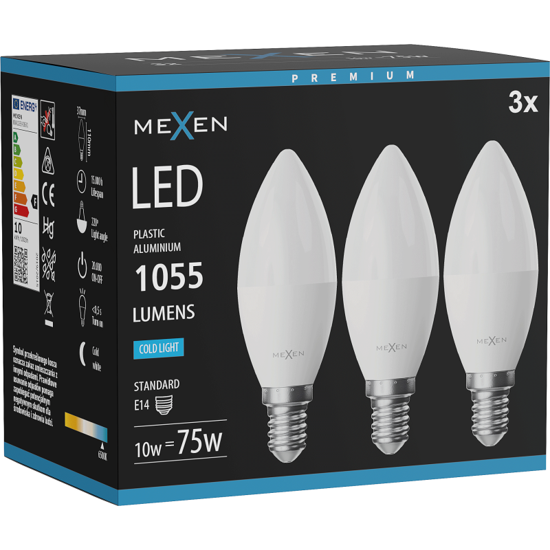 Mexen Nova 3x LED-Lampe E14, C37, 10W, Kalt - 6500K, 1055 lm - L102-E14-1065-01x03