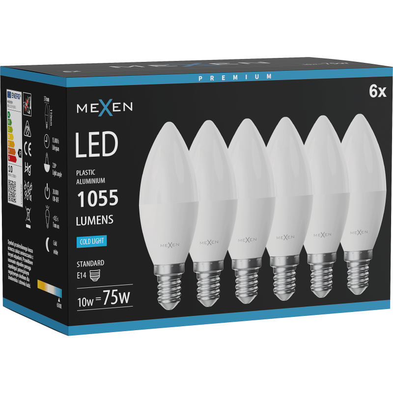 Mexen Nova 6x LED-Glühbirne E14, C37, 10W, Kalt - 6500K, 1055 lm - L102-E14-1065-01x06