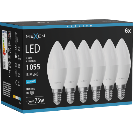 Mexen Nova 6x LED-Glühbirne E14, C37, 10W, Kalt - 6500K, 1055 lm - L102-E14-1065-01x06