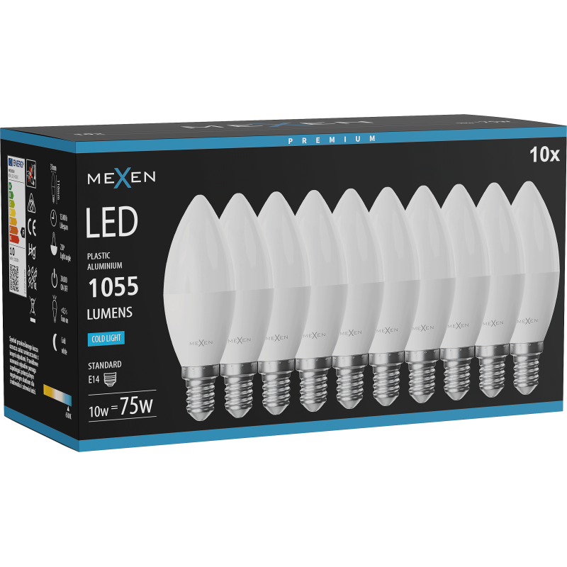 Mexen Nova 10x LED-Lampe E14, C37, 10W, Kalt - 6500K, 1055 lm - L102-E14-1065-01x10