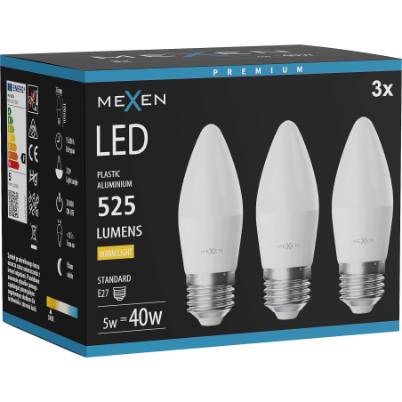 Mexen Nova 3x LED-Glühbirne E27, C37, 5W, Warm - 3000K, 525 lm - L102-E27-0530-01x03