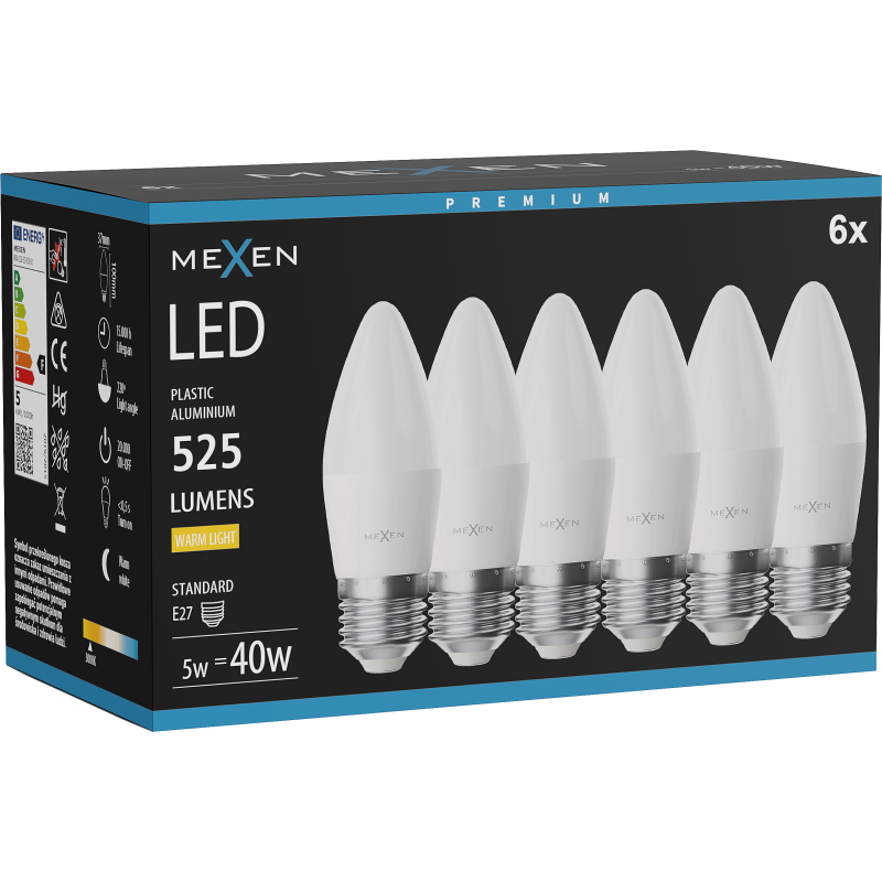Mexen Nova 6x LED-Glühbirne E27, C37, 5W, Warm - 3000K, 525 lm - L102-E27-0530-01x06