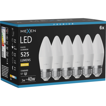 Mexen Nova 6x LED-Glühbirne E27, C37, 5W, Warm - 3000K, 525 lm - L102-E27-0530-01x06