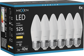 Mexen Nova 6x LED-Glühbirne E27, C37, 5W, Warm - 3000K, 525 lm - L102-E27-0530-01x06