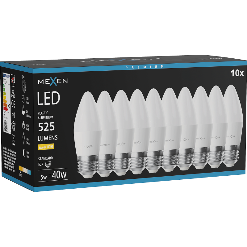 Mexen Nova 10x LED-Glühbirne E27, C37, 5W, Warm - 3000K, 525 lm - L102-E27-0530-01x10