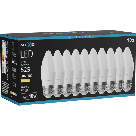 Mexen Nova 10x LED-Glühbirne E27, C37, 5W, Warm - 3000K, 525 lm - L102-E27-0530-01x10