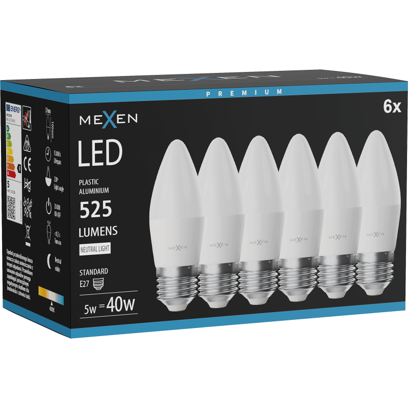 Mexen Nova 6x LED-Glühbirne E27, C37, 5W, Neutral - 4000K, 525 lm - L102-E27-0540-01x06