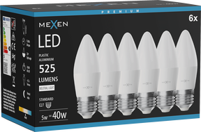 Mexen Nova 6x LED-Glühbirne E27, C37, 5W, Neutral - 4000K, 525 lm - L102-E27-0540-01x06