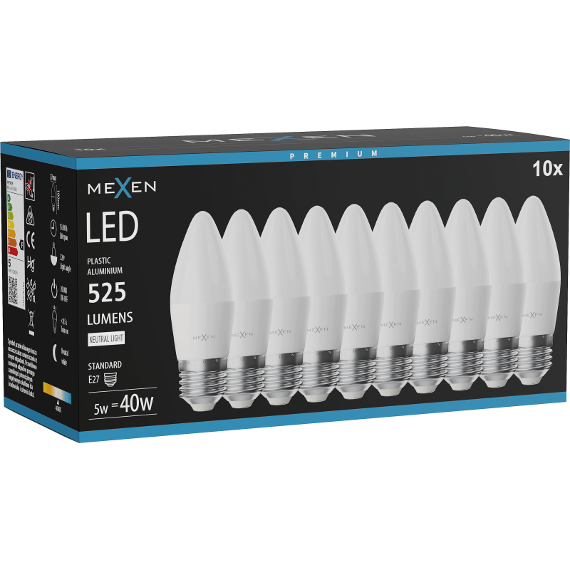 Mexen Nova 10x LED-Glühbirne E27, C37, 5W, Neutral - 4000K, 525 lm - L102-E27-0540-01x10