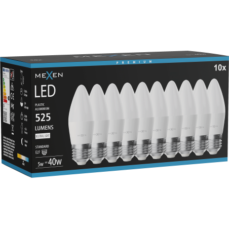 Mexen Nova 10x LED-Glühbirne E27, C37, 5W, Neutral - 4000K, 525 lm - L102-E27-0540-01x10