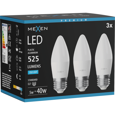 Mexen Nova 3x LED-Glühbirne E27, C37, 5W, Kalt - 6500K, 525 lm - L102-E27-0565-01x03