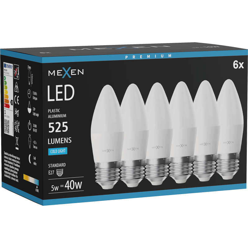 Mexen Nova 6x LED-Lampe E27, C37, 5W, Kalt - 6500K, 525 lm - L102-E27-0565-01x06