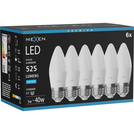Mexen Nova 6x LED-Lampe E27, C37, 5W, Kalt - 6500K, 525 lm - L102-E27-0565-01x06