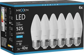 Mexen Nova 6x LED-Lampe E27, C37, 5W, Kalt - 6500K, 525 lm - L102-E27-0565-01x06