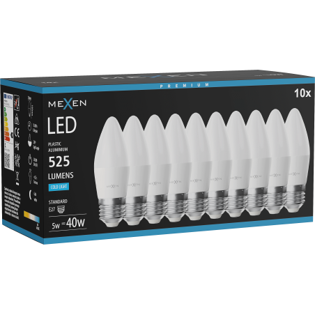 Mexen Nova 10x LED-Glühbirne E27, C37, 5W, Kalt - 6500K, 525 lm - L102-E27-0565-01x10