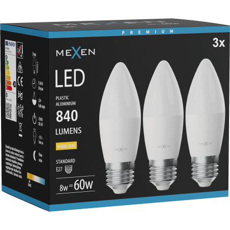 Mexen Nova 3x LED-Glühbirne E27, C37, 8W, Warm - 3000K, 840 lm - L102-E27-0830-01x03