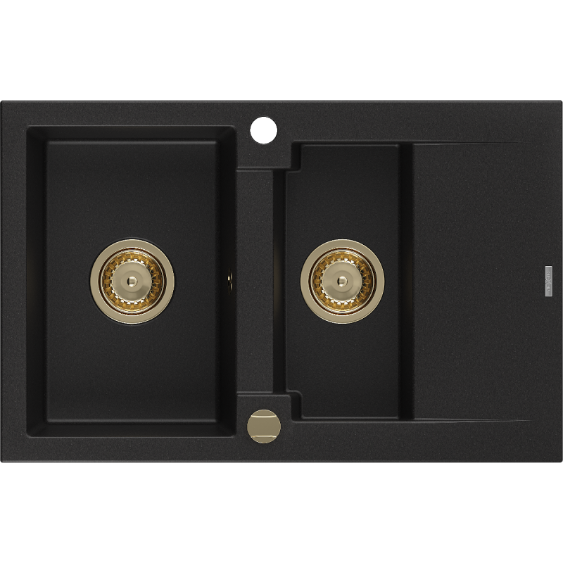 Mexen Gaspar Granitspüle 1,5-beckig mit Abtropffläche 737 x 475 mm, schwarz, goldener Siphon - 6507731505-77-G