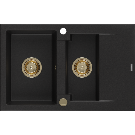 Mexen Gaspar Granitspüle 1,5-Becken mit Abtropffläche 737 x 475 mm, schwarz, goldener Siphon - 6507731505-77-G