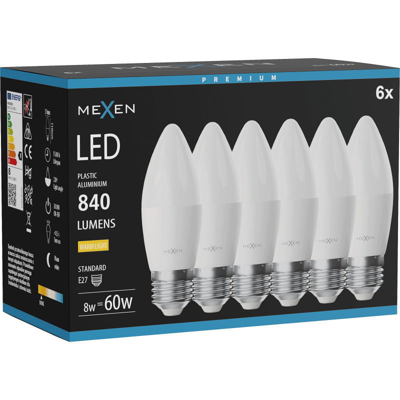 Mexen Nova 6x LED-Glühbirne E27, C37, 8W, Warm - 3000K, 840 lm - L102-E27-0830-01x06