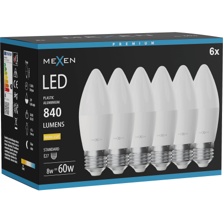 Mexen Nova 6x LED-Glühbirne E27, C37, 8W, Warm - 3000K, 840 lm - L102-E27-0830-01x06