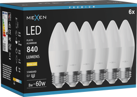 Mexen Nova 6x LED-Glühbirne E27, C37, 8W, Warm - 3000K, 840 lm - L102-E27-0830-01x06