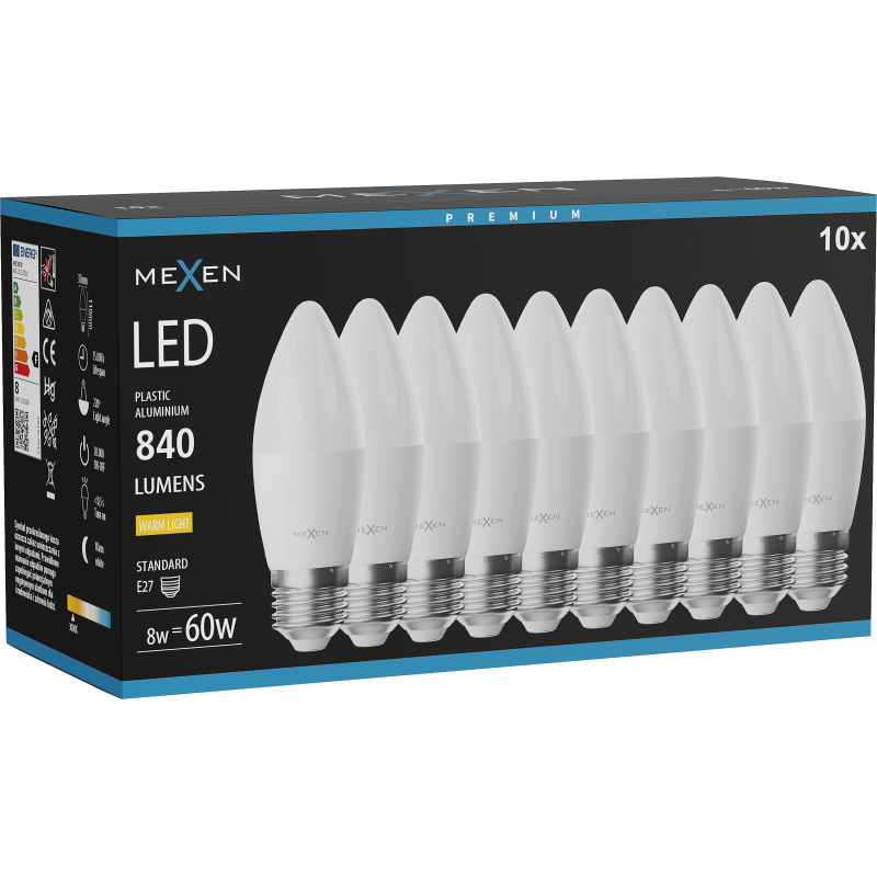 Mexen Nova 10x LED-Glühbirne E27, C37, 8W, Warm - 3000K, 840 lm - L102-E27-0830-01x10