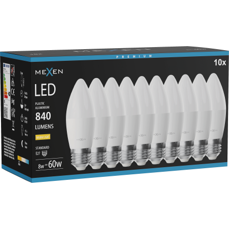 Mexen Nova 10x LED-Glühbirne E27, C37, 8W, Warm - 3000K, 840 lm - L102-E27-0830-01x10