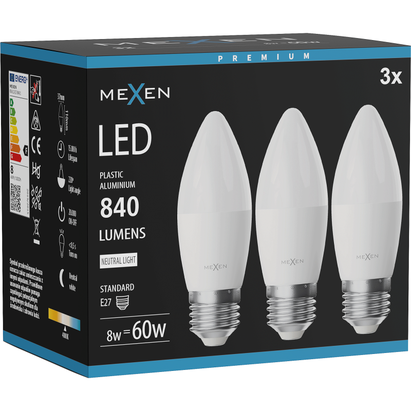 Mexen Nova 3x LED-Lampe E27, C37, 8W, Neutral - 4000K, 840 lm - L102-E27-0840-01x03
