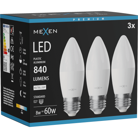 Mexen Nova 3x LED-Lampe E27, C37, 8W, Neutral - 4000K, 840 lm - L102-E27-0840-01x03
