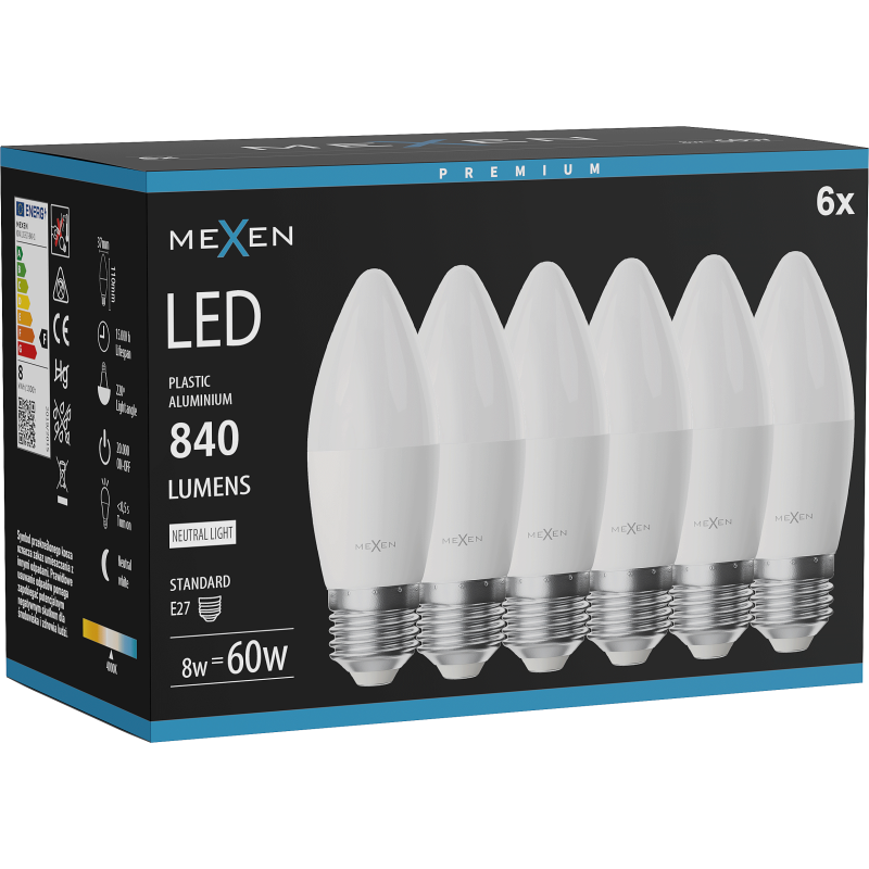 Mexen Nova 6x LED-Glühbirne E27, C37, 8W, Neutral - 4000K, 840 lm - L102-E27-0840-01x06