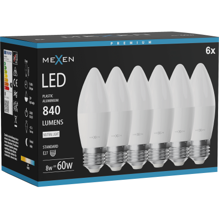 Mexen Nova 6x LED-Glühbirne E27, C37, 8W, Neutral - 4000K, 840 lm - L102-E27-0840-01x06