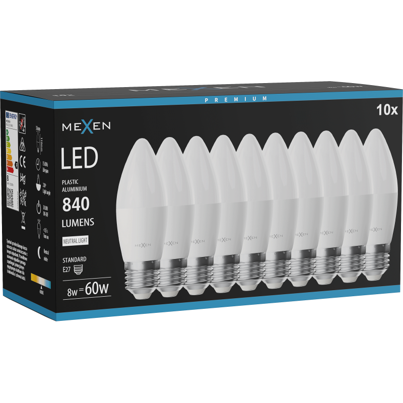 Mexen Nova 10x LED-Glühbirne E27, C37, 8W, Neutral - 4000K, 840 lm - L102-E27-0840-01x10