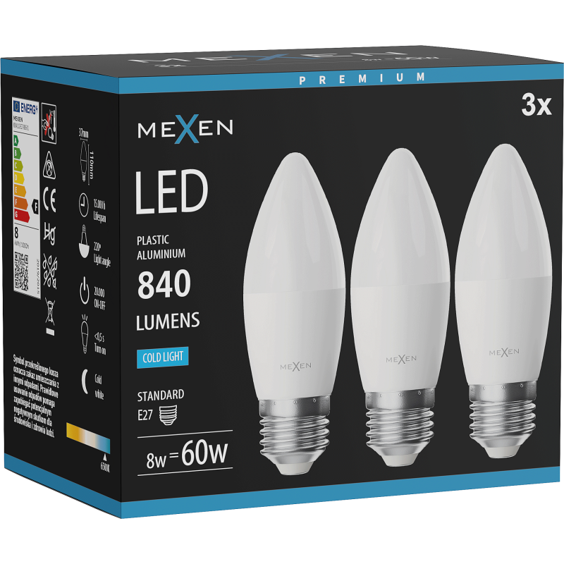 Mexen Nova 3x LED-Glühbirne E27, C37, 8W, Kalt - 6500K, 840 lm - L102-E27-0865-01x03
