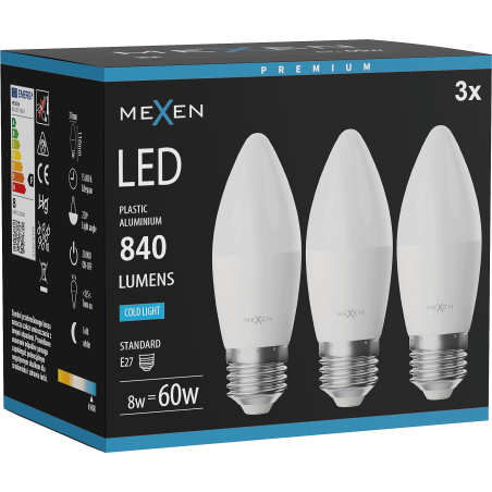 Mexen Nova 3x LED-Glühbirne E27, C37, 8W, Kalt - 6500K, 840 lm - L102-E27-0865-01x03