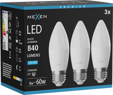 Mexen Nova 3x LED-Glühbirne E27, C37, 8W, Kalt - 6500K, 840 lm - L102-E27-0865-01x03