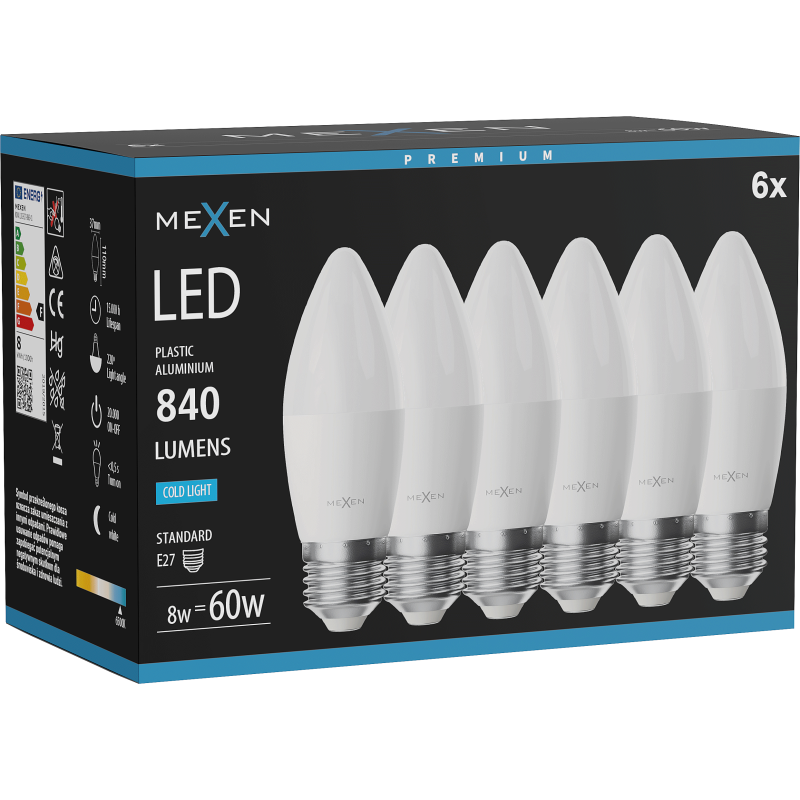 Mexen Nova 6x LED-Glühbirne E27, C37, 8W, Kalt - 6500K, 840 lm - L102-E27-0865-01x06