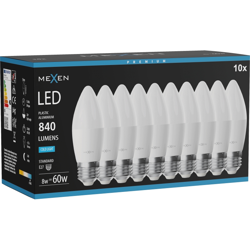 Mexen Nova 10x LED-Glühbirne E27, C37, 8W, Kalt - 6500K, 840 lm - L102-E27-0865-01x10