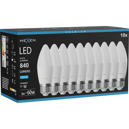 Mexen Nova 10x LED-Glühbirne E27, C37, 8W, Kalt - 6500K, 840 lm - L102-E27-0865-01x10