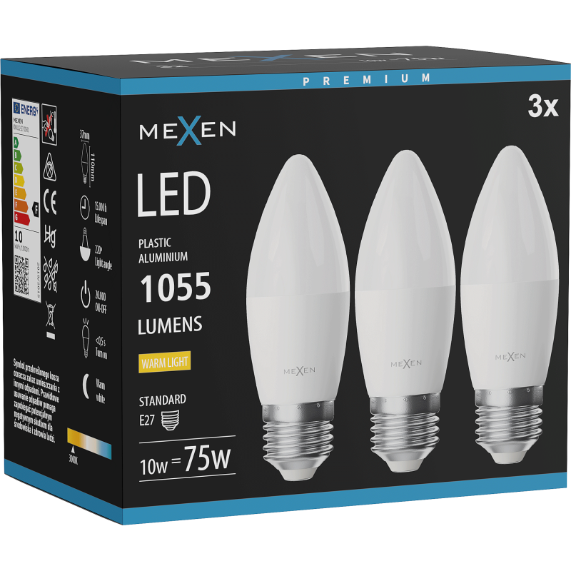 Mexen Nova 3x LED-Lampe E27, C37, 10W, Warm - 3000K, 1055 lm - L102-E27-1030-01x03