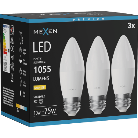 Mexen Nova 3x LED-Lampe E27, C37, 10W, Warm - 3000K, 1055 lm - L102-E27-1030-01x03
