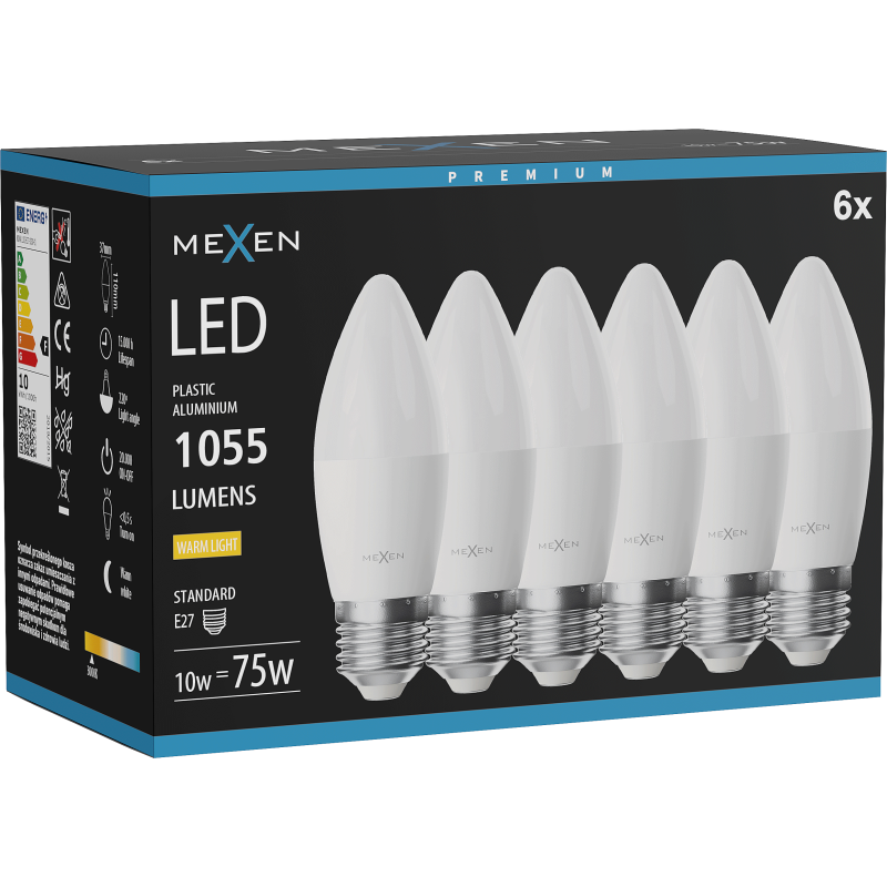 Mexen Nova 6x LED-Glühbirne E27, C37, 10W, Warm - 3000K, 1055 lm - L102-E27-1030-01x06