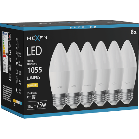 Mexen Nova 6x LED-Glühbirne E27, C37, 10W, Warm - 3000K, 1055 lm - L102-E27-1030-01x06