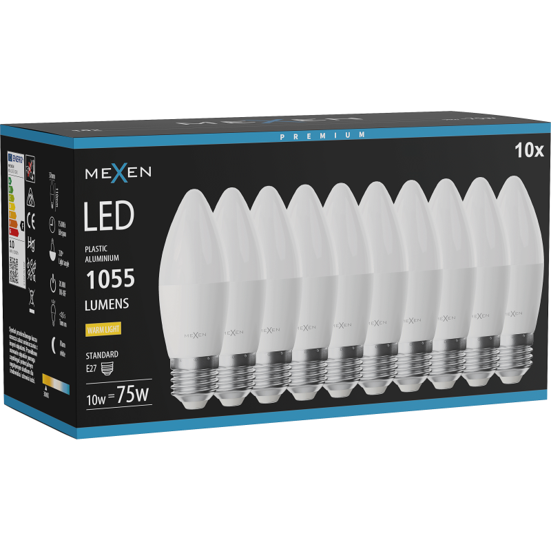 Mexen Nova 10x LED-Glühbirne E27, C37, 10W, Warm - 3000K, 1055 lm - L102-E27-1030-01x10