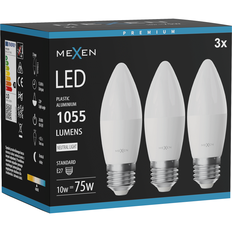 Mexen Nova 3x LED-Glühbirne E27, C37, 10W, Neutral - 4000K, 1055 lm - L102-E27-1040-01x03