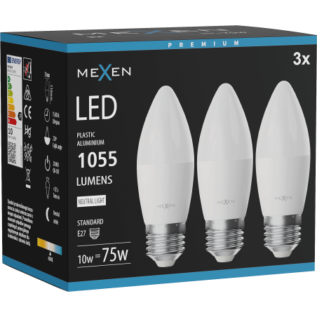 Mexen Nova 3x LED-Glühbirne E27, C37, 10W, Neutral - 4000K, 1055 lm - L102-E27-1040-01x03